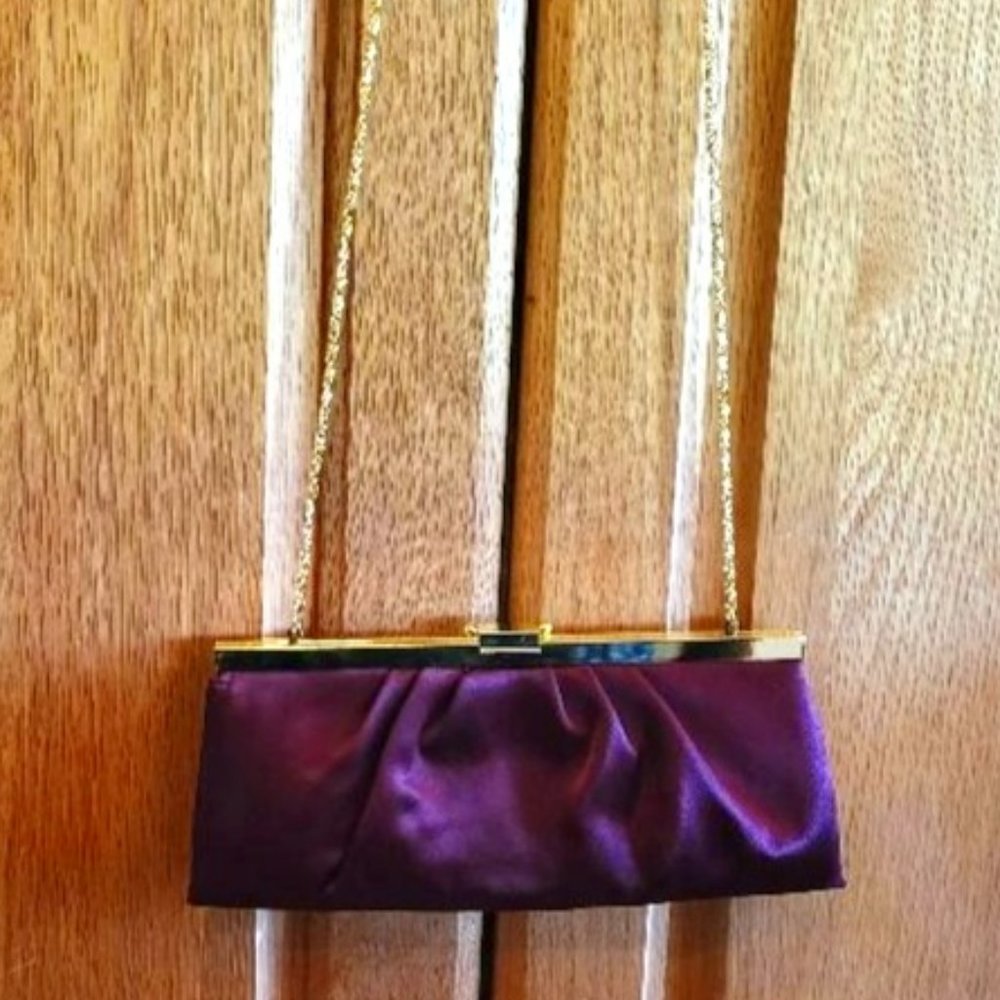 Jessica McClintock Satin Burgundy Evening Clutch with Shoulder Chain